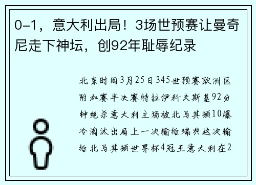 0-1，意大利出局！3场世预赛让曼奇尼走下神坛，创92年耻辱纪录