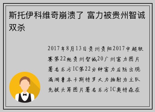 斯托伊科维奇崩溃了 富力被贵州智诚双杀
